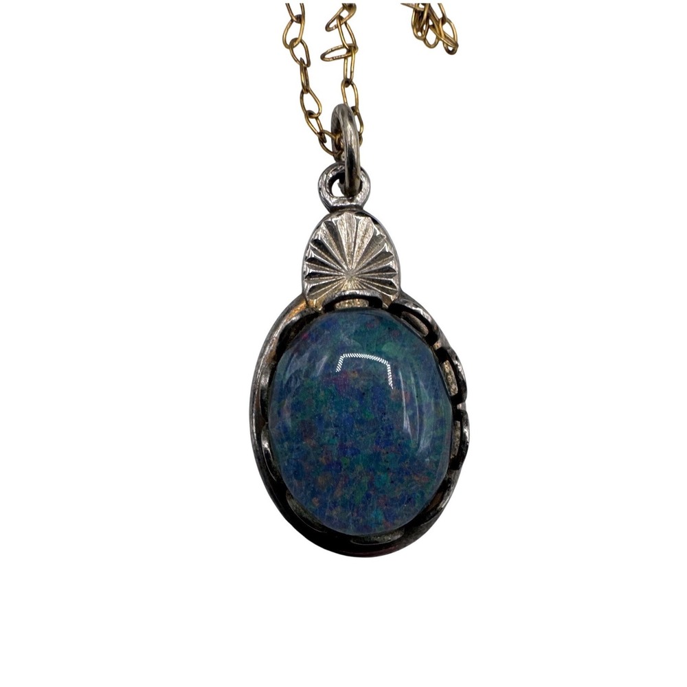 Vintage Blue‎ Jasper Cabochon Pendant Necklace 14K Gold Filled Chain Statement